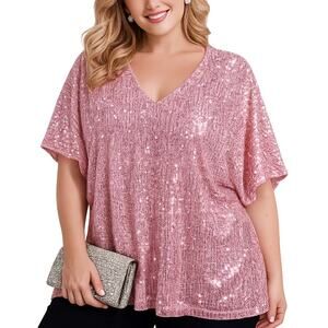 Pink Sequin Blouse Short Sleeve Sparkle Top Sz L
